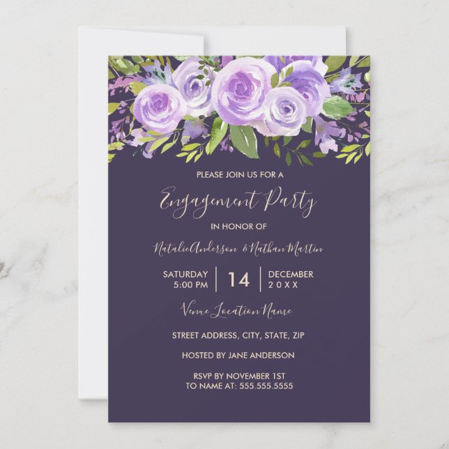 Invitación Parte de compromiso de Boda floral Rosa Lavender (Anverso)