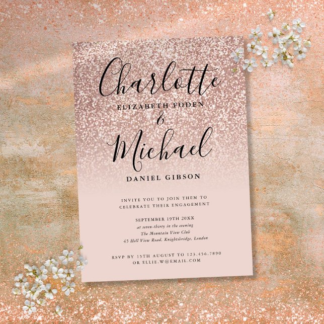 Invitación Parte de compromiso de firma del Purpurina de oro  (Rose Gold Glitter Signature Engagement Party Invitation)