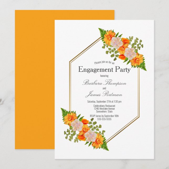 Invitación Parte de compromiso del marco dorado floral del na (Anverso / Reverso)