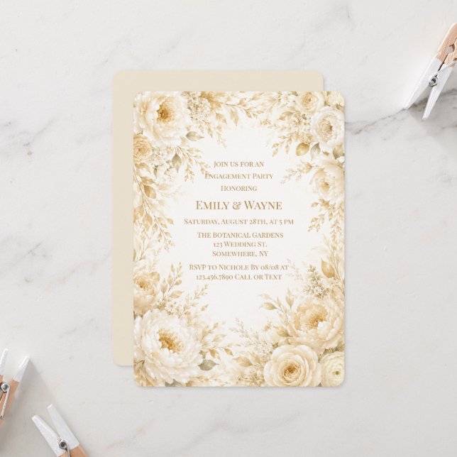 Invitación Parte de compromiso floral blanco perla champán ma (Anverso/Reverso In Situ)