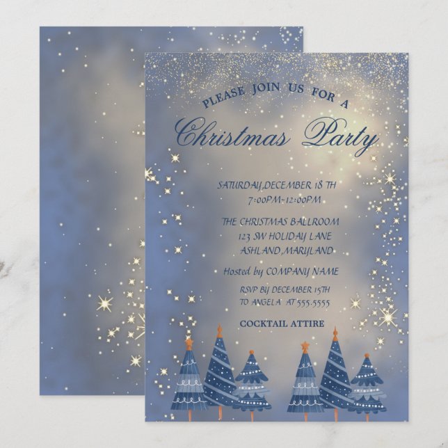 Invitación Parte de Navidades de árboles de Navidad azules (Anverso / Reverso)