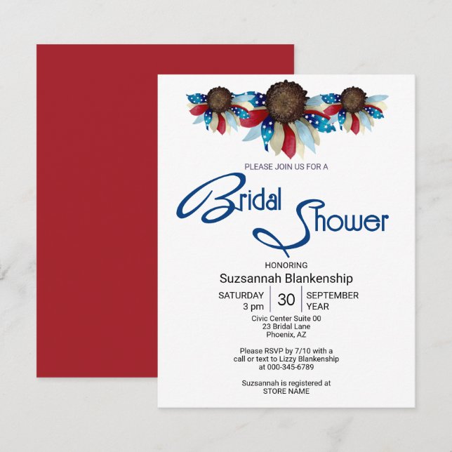 Invitación Parte superior de flores patrióticas rojas, blanca (Anverso / Reverso)