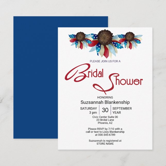 Invitación Parte superior de flores rojas, blancas y azules p (Anverso / Reverso)