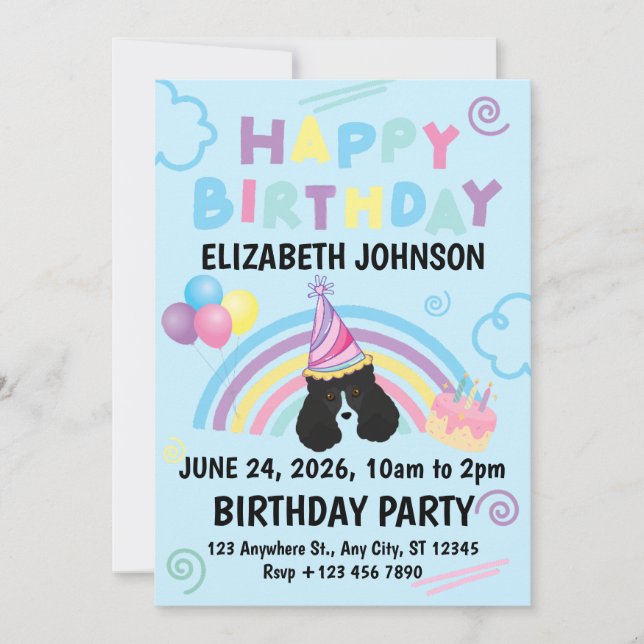 Invitación Parti Poodle Birthday Invitation in Blue (Anverso)