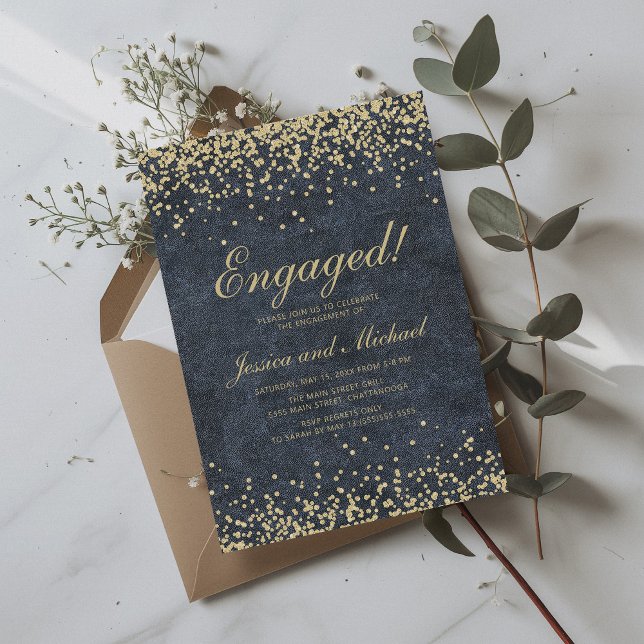 Invitación Participación de Boda de Purpurina de oro azul de  (Navy blue and gold glitter engagement party invitation)