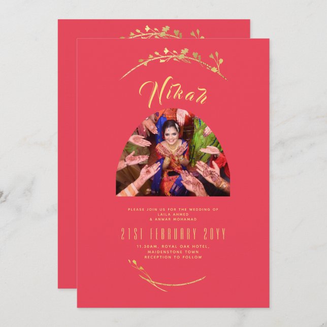 Invitación Participación del Boda de fotografía de oro rojo N (Anverso / Reverso)