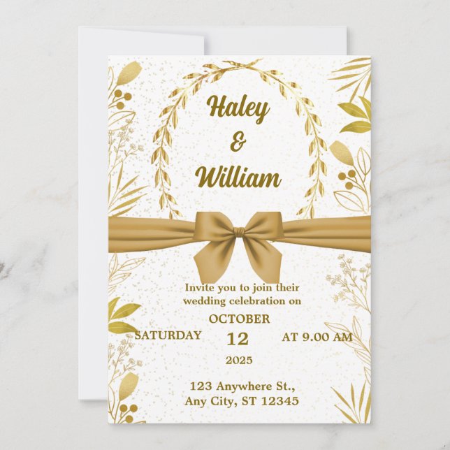 Invitación Participación Elagant Gold Floral Simple Boda (Anverso)