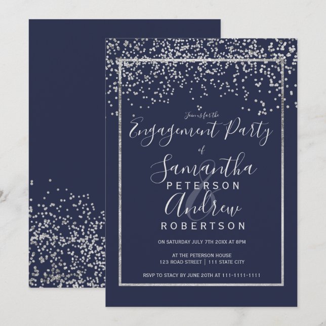 Invitación Participación en tipografía azul marino de confeti (Anverso / Reverso)