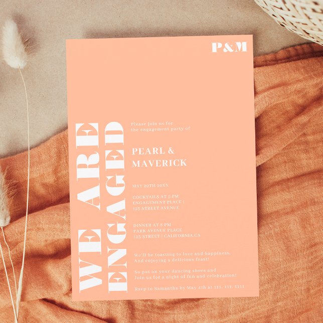 Invitación Partida de compromiso de boda de melocotón blanco  (Bold simple white peach wedding engagement party invitation)