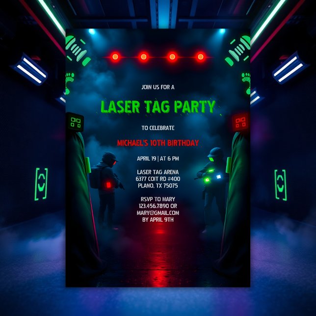 Invitación Partida de cumpleaños de adolescente con etiqueta  (Neon Action Game Laser Tag Teen Birthday Party Invitation)