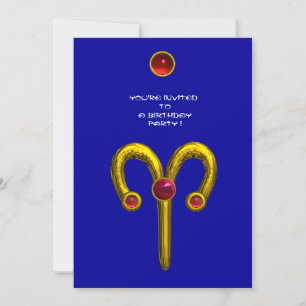 Invitación PARTIDA DE CUMPLEAÑOS DE ARIES ZODIAC, azul, dorad