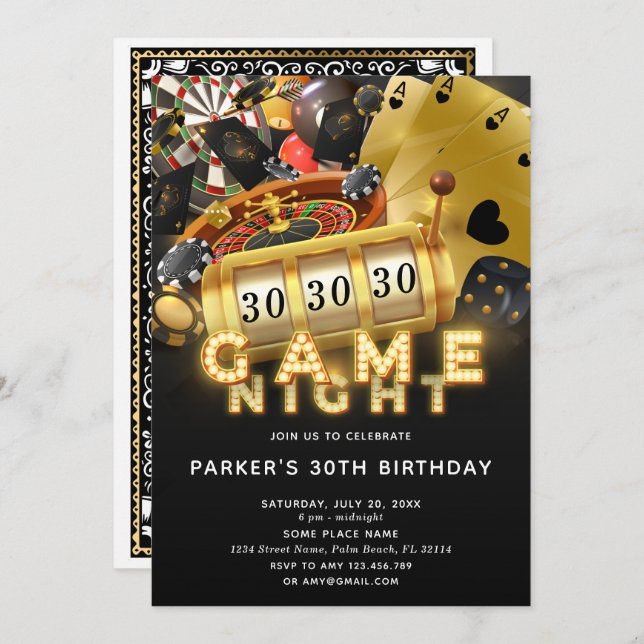 Invitación Partida de cumpleaños de la noche del juego Oro ne (Anverso / Reverso)