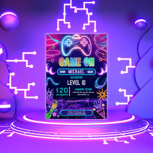 Invitación Partida de cumpleaños de Neon Video Game On