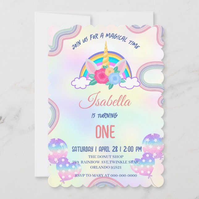Invitación Partida de cumpleaños del arcoiris en tonos pastel (Anverso)