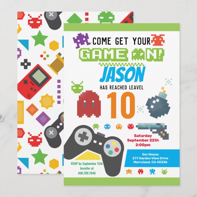 Invitación Partida de cumpleaños del juego de video (Anverso / Reverso)