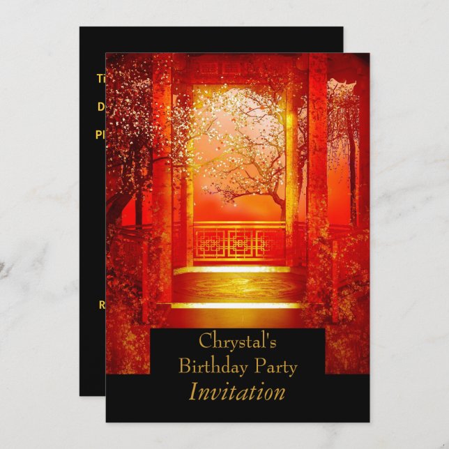 Invitación Partida de cumpleaños Escena asiática Oro rojo (Anverso / Reverso)