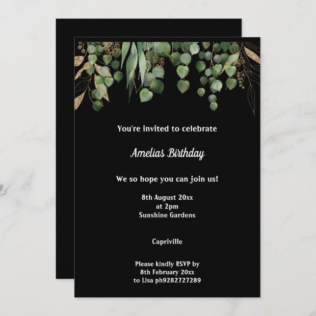 INVITACIÓN PARTIDA DE CUMPLEAÑOS EUCALYPTUS SAGE NEGRA (Anverso / Reverso)