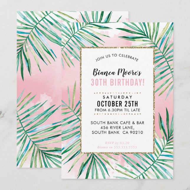 Invitación PARTIDA DE CUMPLEAÑOS INVITAR hojas de palma tropi (Anverso / Reverso)