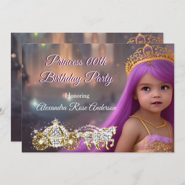 Invitación Partida de cumpleaños Princesa Carrito dorado mora (Anverso / Reverso)