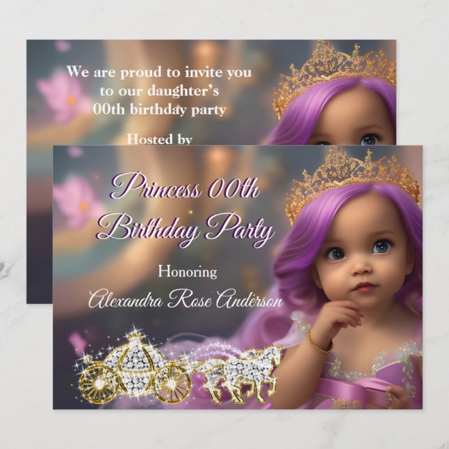 Invitación Partida de cumpleaños Princesa Carrito dorado púrp (Anverso / Reverso)