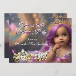 Invitación Partida de cumpleaños Princesa Carrito dorado púrp