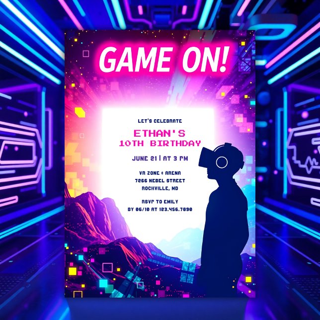 Invitación Partida de cumpleaños VR para niños y jugadores (Personalized VR Birthday Party Invitation Virtual Reality Theme for Boys & Gamer Kids)