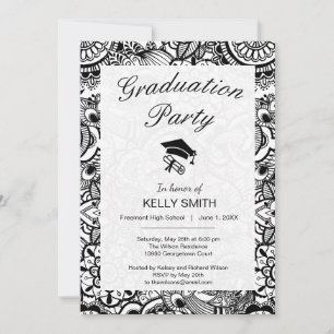 Invitación Partida de graduación de paisley floral blanca y b