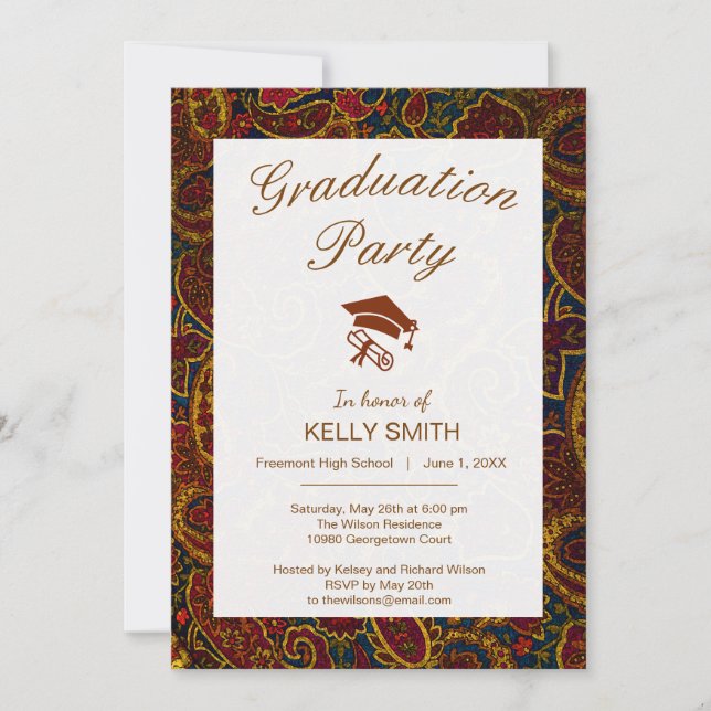 Invitación Partida de graduación de paisley marrón oscuro