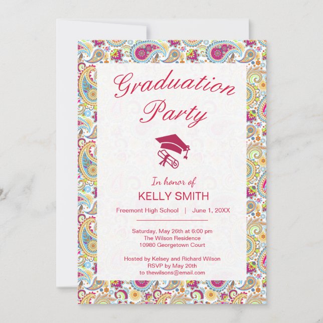 Invitación Partida de graduación de patrones de paisley de co (Anverso)