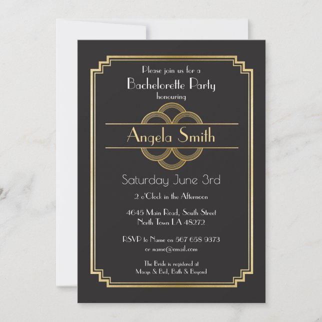 Invitación Partido Bachelorette Art Deco Bridal Shower de los (Anverso)