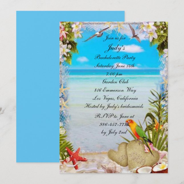 Invitación Partido Bachelorette, Boda Floral de Playa Tropica (Anverso / Reverso)