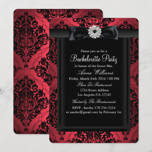 Invitación Partido Bachelorette de Damask de Moda Roja y Negr