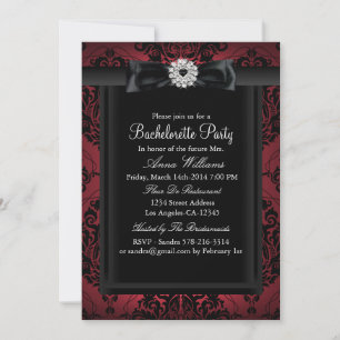 Invitación Partido Bachelorette de Damask de Moda Roja y Negr