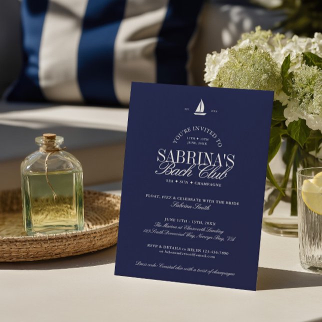 Invitación Partido Bachelorette de la Moda Azul de la Marina (Navy Blue Coastal Chic Bachelorette Party Invitation)