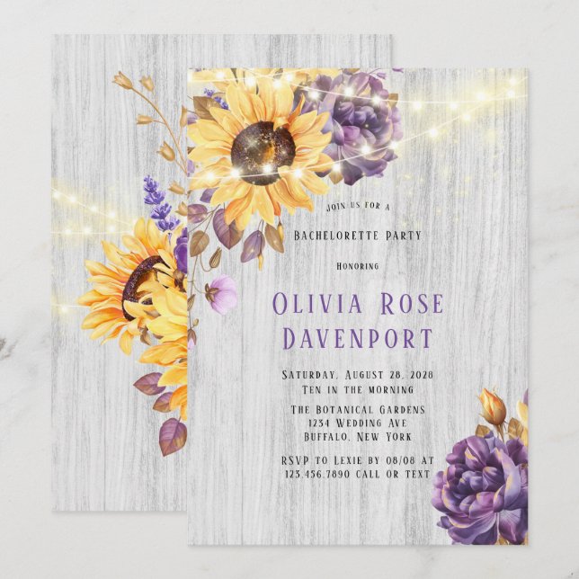 Invitación Partido Bachelorette de la Peonia Púrpura del Gira (Anverso / Reverso)