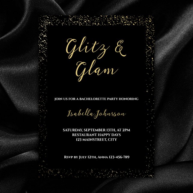 Invitación Partido Bachelorette de la Purpurina Negra Glitz y (glitz and glam bachelorette party invitation glitter glamour black golden)