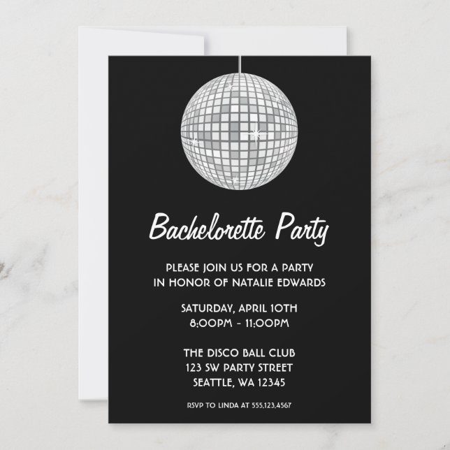 Invitación Partido Bachelorette de Plata y Disco Negro (Anverso)