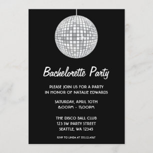 Invitación Partido Bachelorette de Plata y Disco Negro