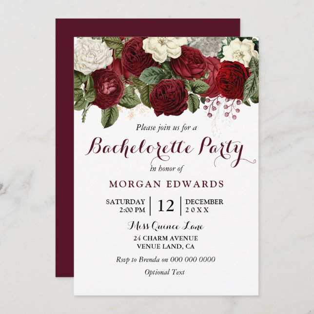 Invitación Partido Bachelorette de Roses Blancas Rojas de Bor (Anverso / Reverso)