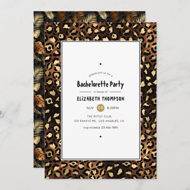 Invitación Partido Bachelorette del Leopardo del Bronce y del (Anverso / Reverso)