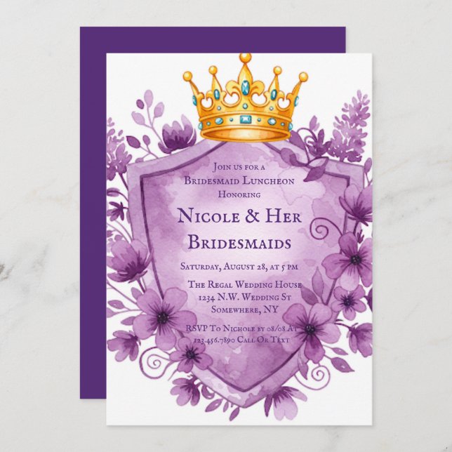 Invitación Partido Bachelorette, Escudo de Floral Púrpura Reg (Anverso / Reverso)