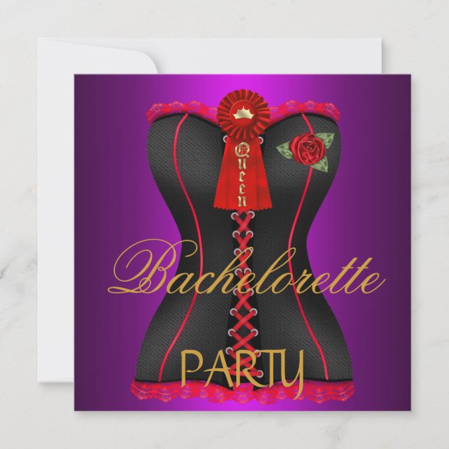 Invitación Partido Bachelorette Gold Magenta negro corsé rojo (Anverso)