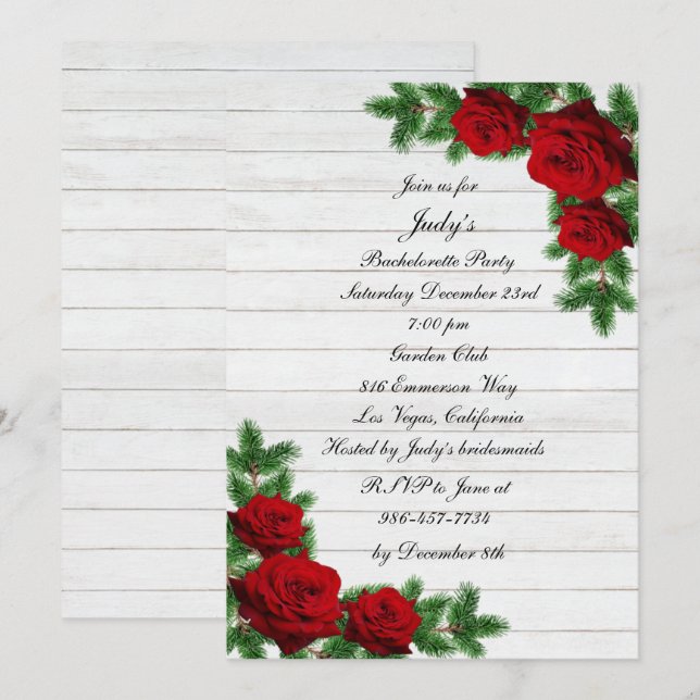 Invitación Partido Bachelorette para Navidades de Rosas Rojas (Anverso / Reverso)