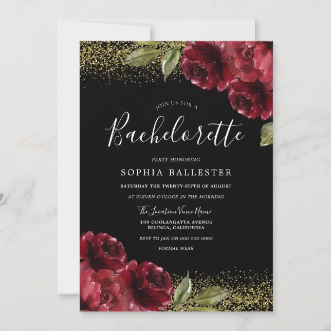 Invitación Partido Bachelorette, Purpurina de Oro Roses Rojos (Anverso)