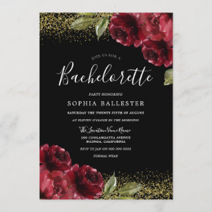 Invitación Partido Bachelorette, Purpurina de Oro Roses Rojos