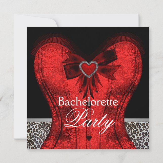 Invitación Partido Bachelorette Red Damask Corset Leopardo (Anverso)