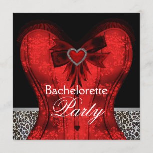 Invitación Partido Bachelorette Red Damask Corset Leopardo