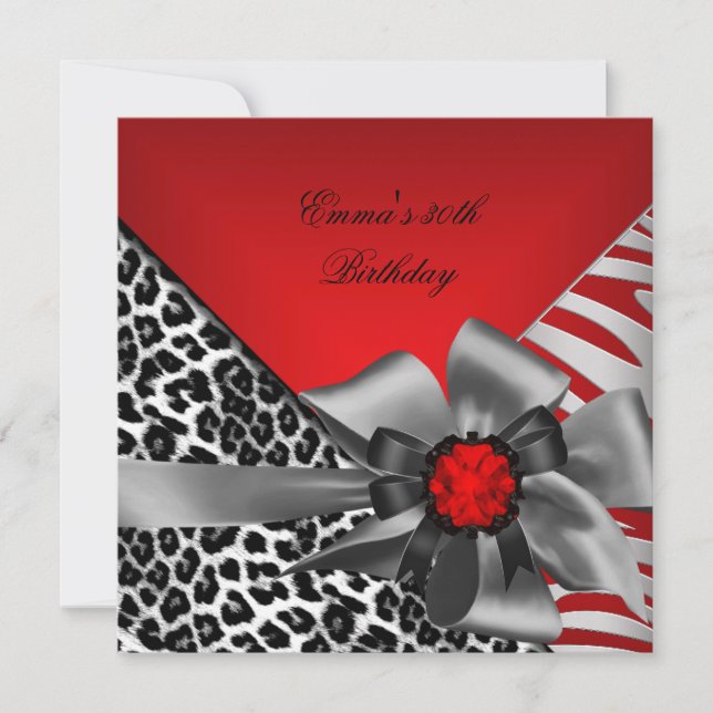 Invitación Partido Birthday 30th Zebra Leopard Red Black (Anverso)