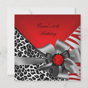 Invitación Partido Birthday 30th Zebra Leopard Red Black