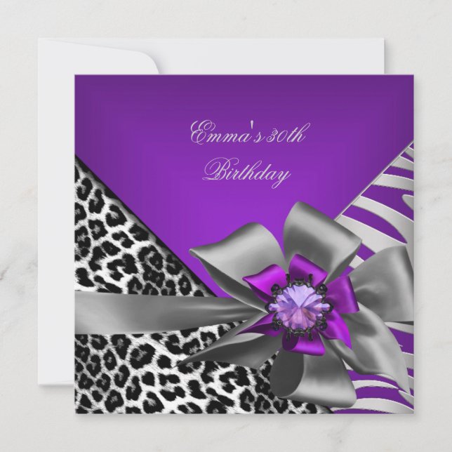 Invitación Partido Birthday 30th Zebra Purple Black Leopard (Anverso)